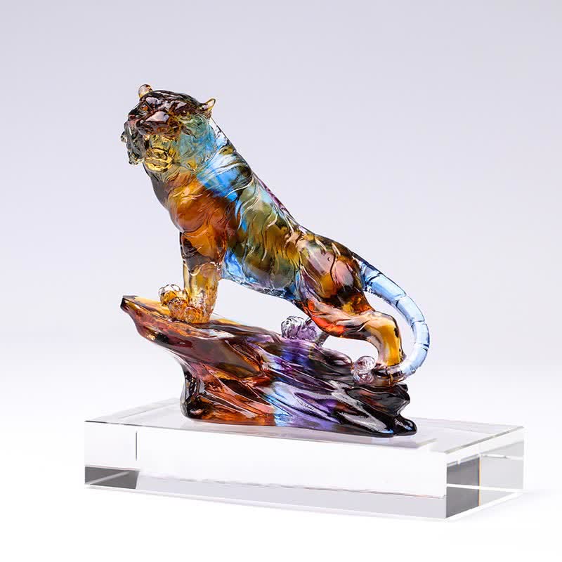 Buddha Stones Handmade Liuli Crystal Tiger Art Piece Protection Home Decoration