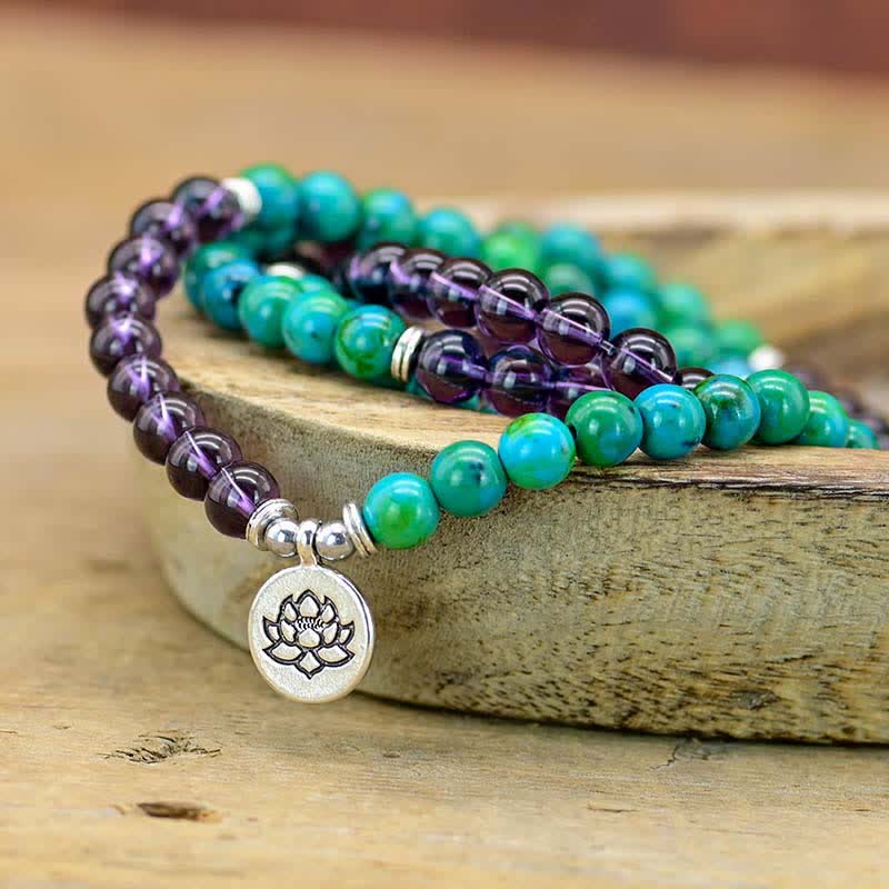 Buddha Stones Amethyst Green Aventurine Spiritual Lotus Charm Bracelet