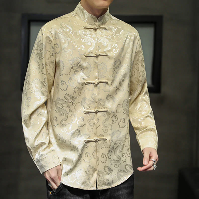 Buddha Stones Casual Dragon Pattern Frog-button Tang Suit Linen Men's Jacket Shirt