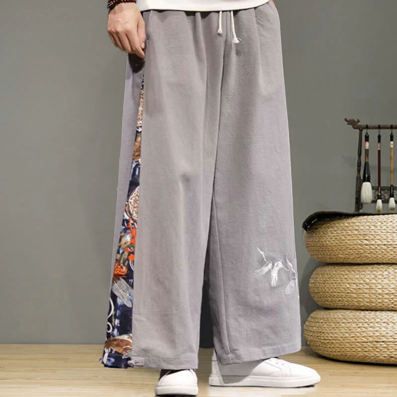 Buddha Stones Crane Embroidery Drawstring Men's Cotton Linen Wide Leg Pants With Pockets