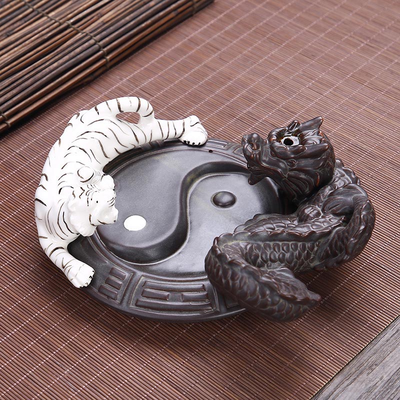 Buddha Stones Tiger Dragon Backflow Smoke Fountain Ceramic Yin Yang Blessing Incense Burner Decoration