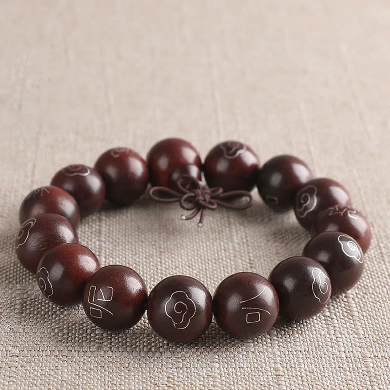 Buddha Stones 925 Sterling Silver Inlaid Small Leaf Red Sandalwood Om Mani Padme Hum Character Auspicious Clouds Protection Bracelet