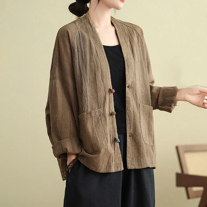 Buddha Stones Plain Long Sleeve Women's Cotton Linen Jacket With Pockets