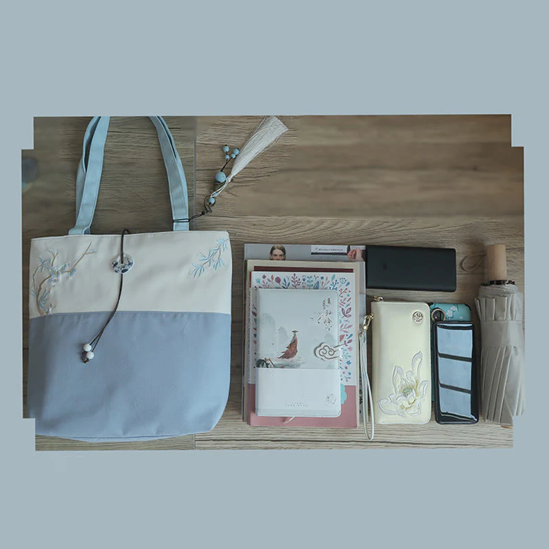 Buddha Stones Pear Flower Plum Peach Blossom Bamboo Embroidery Canvas Large Capacity Shoulder Bag Tote Bag