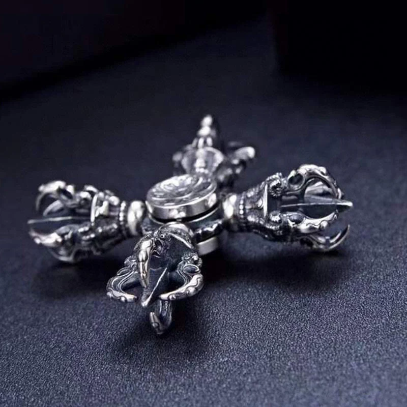 Buddha Stones Tibetan 925 Sterling Silver Double Dorje Vajra Engraved Spiritual Power Pendant