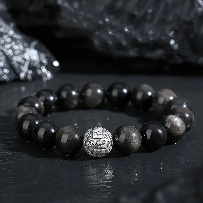 Buddha Stones Black Obsidian 999 Sterling Silver Purification Fu Character Transformation Bracelet