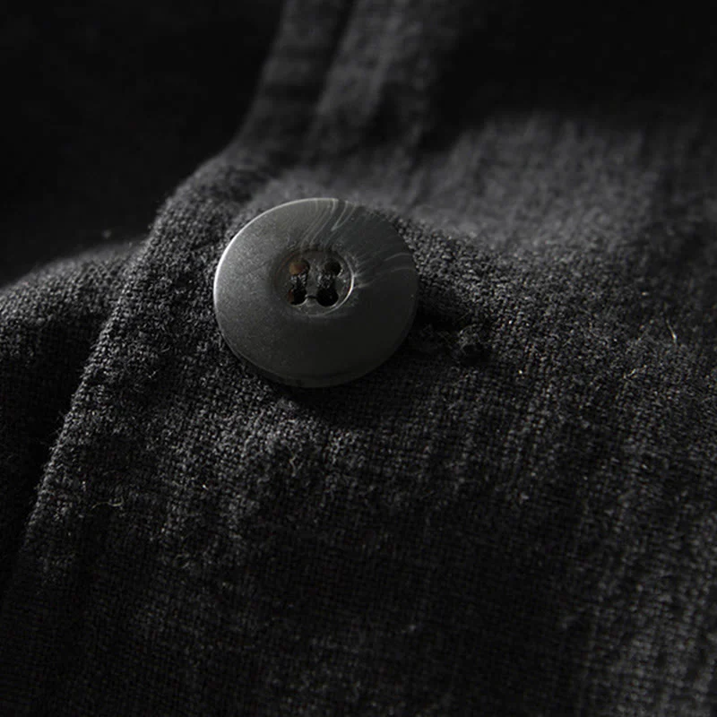 Buddha Stones Long Sleeve Button Placket Design Men's Cotton Linen Jacket Shirt With Pockets