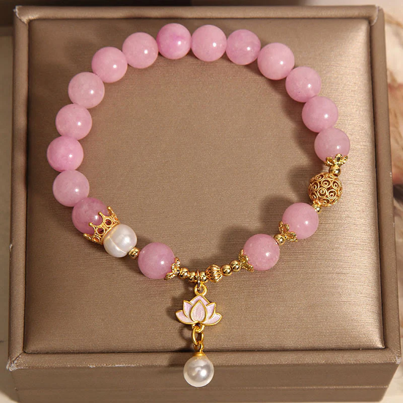 Buddha Stones Pink Quartzite Pearl Lotus Charm Harmony Bracelet