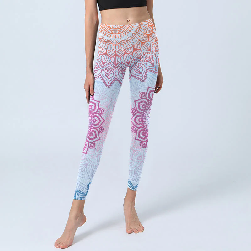 Buddha Stones Pink Blue Mandala Flower Print Gym Leggings Women's Yoga Pants