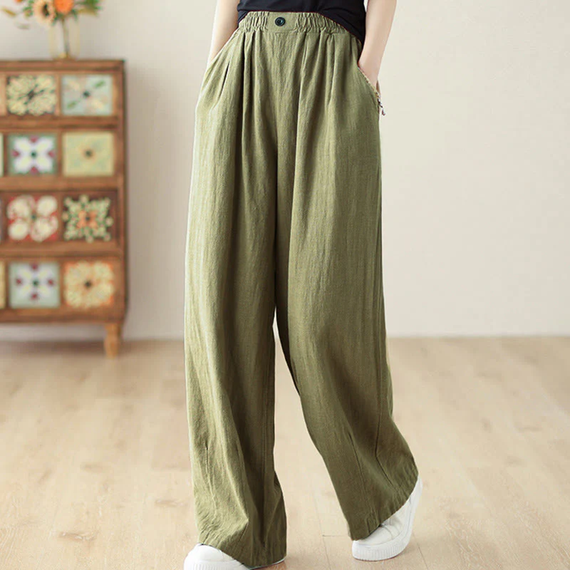 Buddha Stones Commute Button Design Women's Cotton Linen Elastic Waistband Pants With Pockets