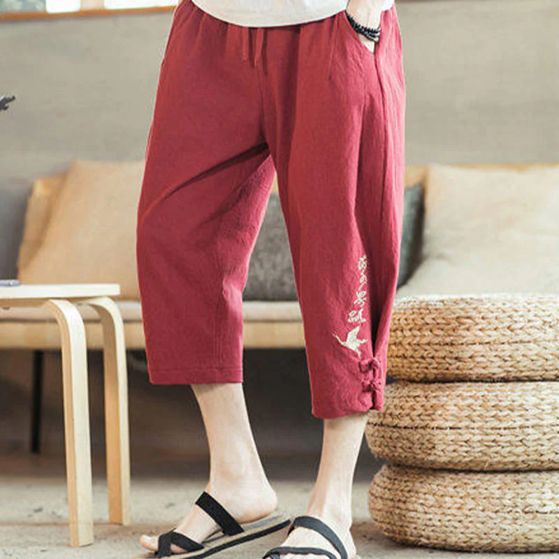 Buddha Stones Crane Embroidery Cotton Men's Cropped Harem Pants With Pockets