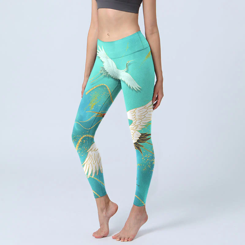 Buddha Stones Mint Green Mountain Crane Print Fitness Leggings Women's Yoga Pants