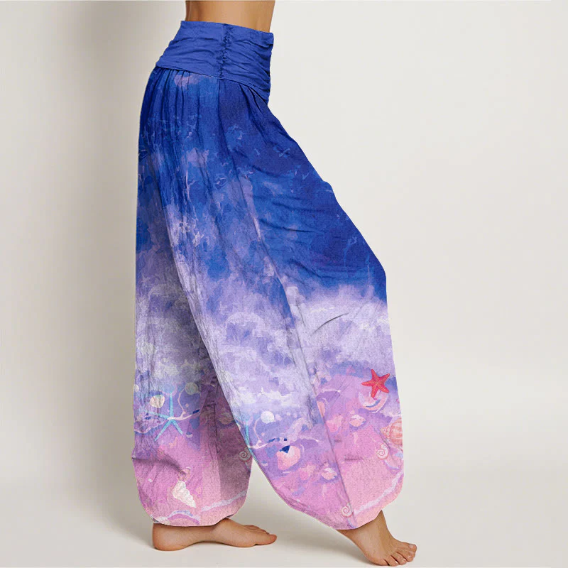 Buddha Stones Vast Ocean Pattern Women's Elastic Waist Harem Pants