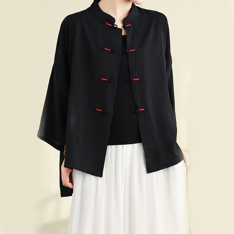 Buddha Stones 2pcs Casual Women's Frog Button Shirt Loose Pants Meditation Clothing Set