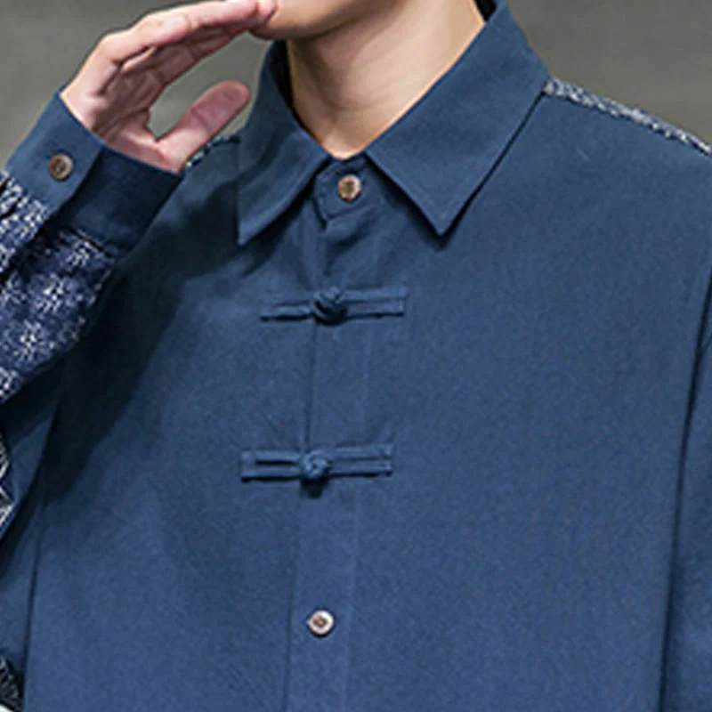 Buddha Stones Men's Flower Pattern Stitching Cotton Blend Long Sleeve Shirt