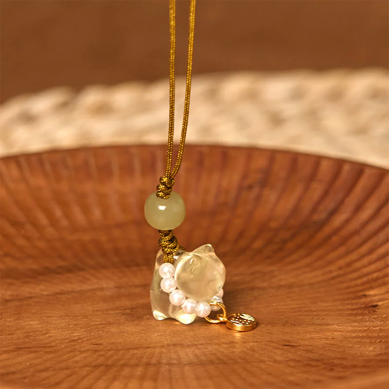 Buddha Stones Pink Crystal Amethyst Citrine Pearl Fu Character Lucky Kitten Warmth Phone Hanging Decoration