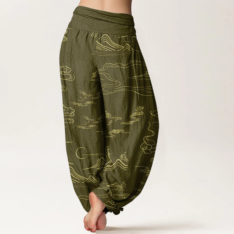 Buddha Stones Mountain Moon Auspicious Clouds Pattern Women's Elastic Waist Harem Pants