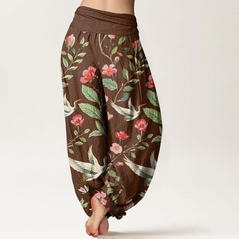 Buddha Stones Casual Red Flowers Crane Pattern Women's Elastic Waist Harem Pants