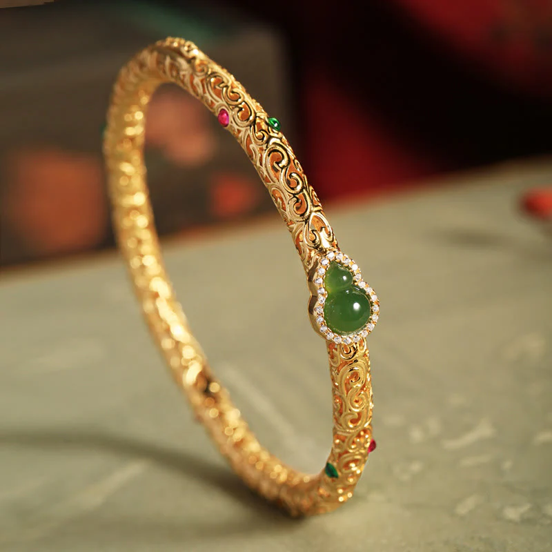 Buddha Stones Cyan Jade Copper Plated Gold Auspicious Clouds Gourd Luck Bracelet Bangle