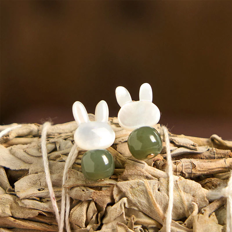 Buddha Stones Tridacna Stone Cute Rabbit Hetian Jade Luck Earrings