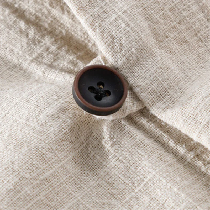 Buddha Stones Spring Daily Simple Buttons Design Stand Collar Men's Long Sleeve Cotton Linen Shirt With Pockets