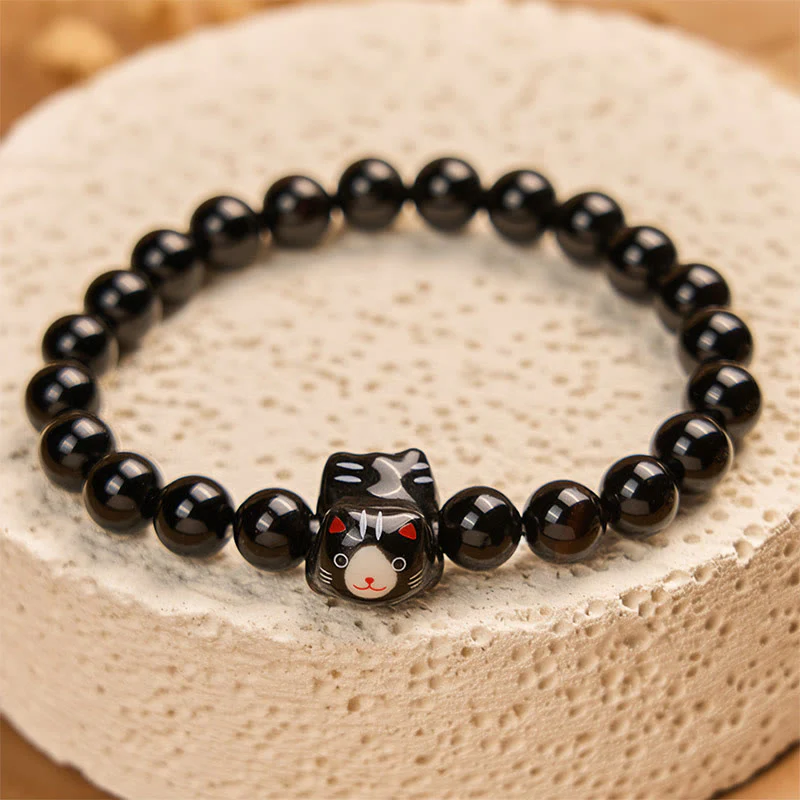 Buddha Stones Black Cat Natural Black Onyx Ceramic Kitten Support Bracelet
