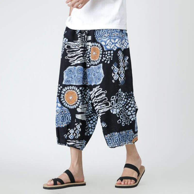 Buddha Stones Summer Square Patchwork Elephant Mandala Geometry Cotton Linen Men's 7-8 Length Pants With Pockets