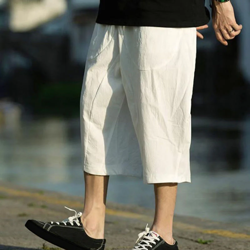 Buddha Stones Summer Plain Pleat Design Drawstring Men's 7-8 Length Cotton Linen Pants With Pockets