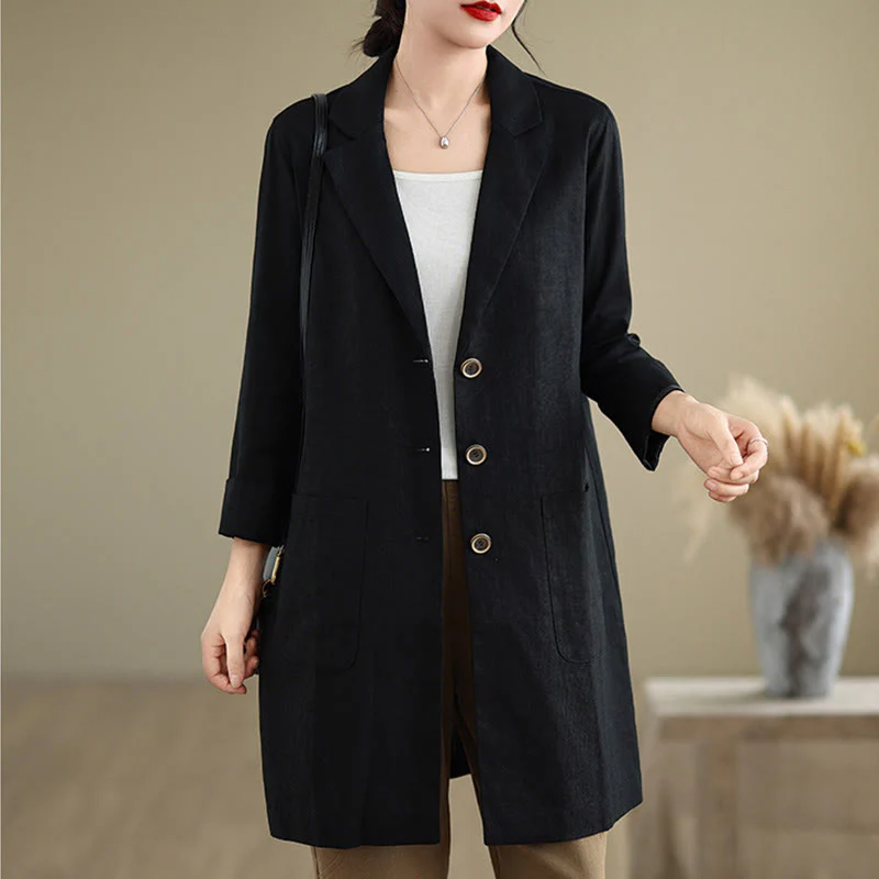 Buddha Stones Casual Fall Buttons Design Lapel Women's Cotton Linen Coat With Pockets