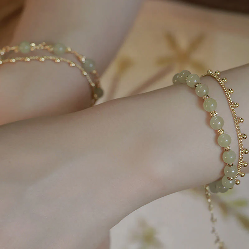 Buddha Stones 14K Gold Plated 2 Layers Hetian Jade Bead Luck Prosperity Bracelet