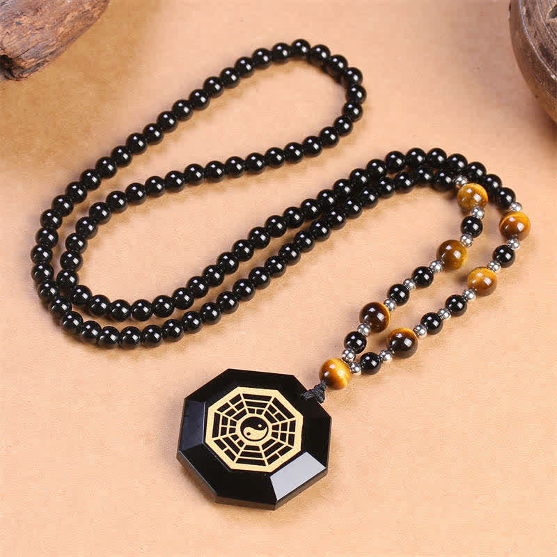 Buddha Stones Bagua Yin Yang Black Obsidian Purification Beaded Necklace Pendant