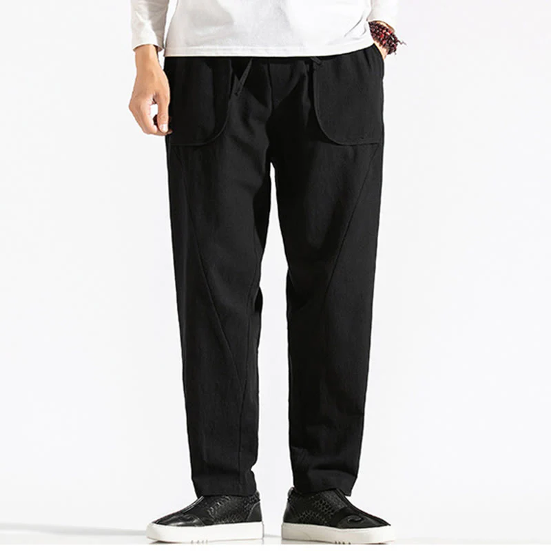 Buddha Stones Retro Casual Drawstring Design Men's Harem Cotton Plain Pants With Pockets