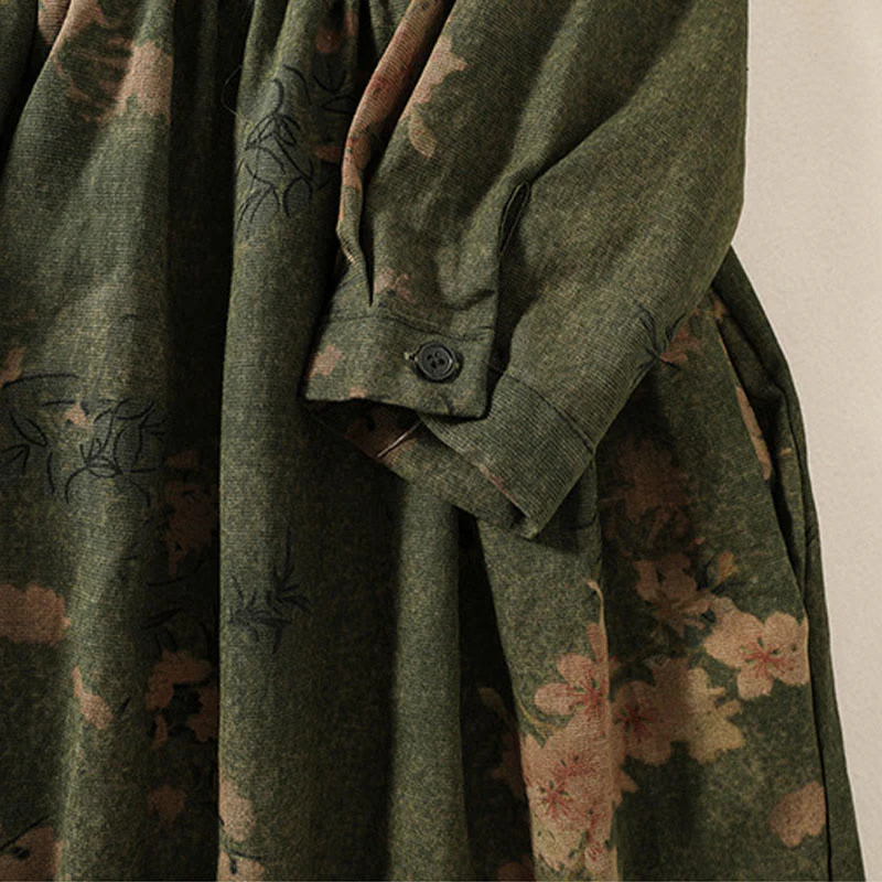 Buddha Stones Casual Printing Drawstring Chinese Frog-Button Cotton Linen Midi Dress With Pockets