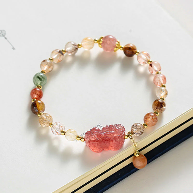 Buddha Stones Natural Rutilated Quartz Strawberry Quartz PiXiu Wealth Bracelet