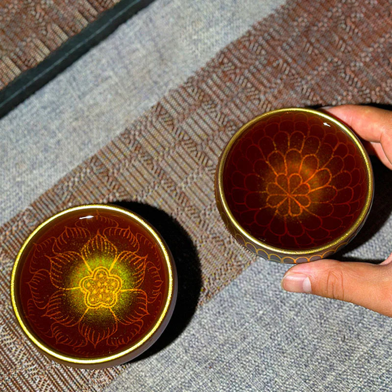 Buddha Stones Handmade Chinese Jianzhan Lotus Flower Pattern Ceramic Teacup Kung Fu Tea Cup 150ml