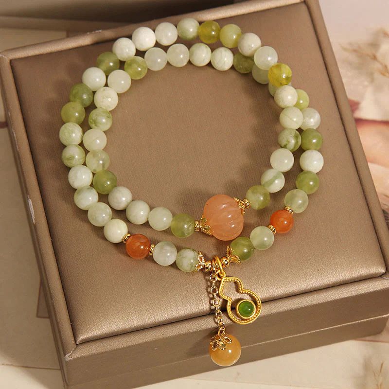 Buddha Stones Double Wrap Gourd Pumpkin Green Grape Serpentine Jade Luck Bracelet