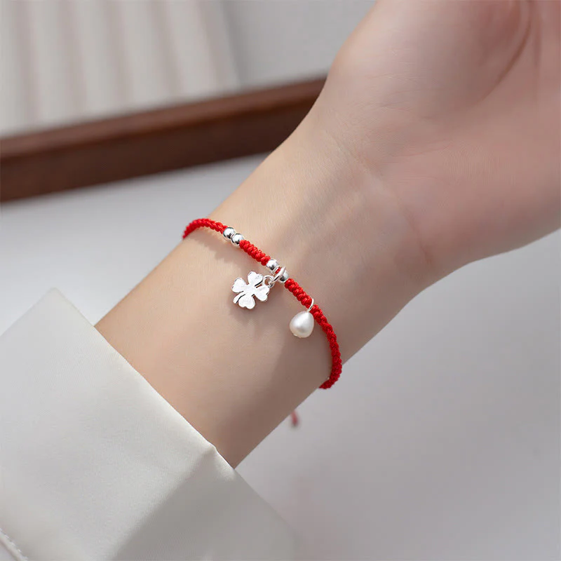 Buddha Stones Retro 925 Sterling Silver Four Leaf Clover Pearl Luck Red String Bracelet
