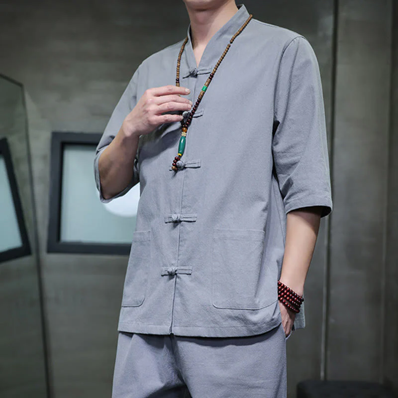 Buddha Stones 2Pcs Tang Suit Frog-Button Design Shirt Pants With Pockets Men's Cotton Linen Meditation Cloth Set