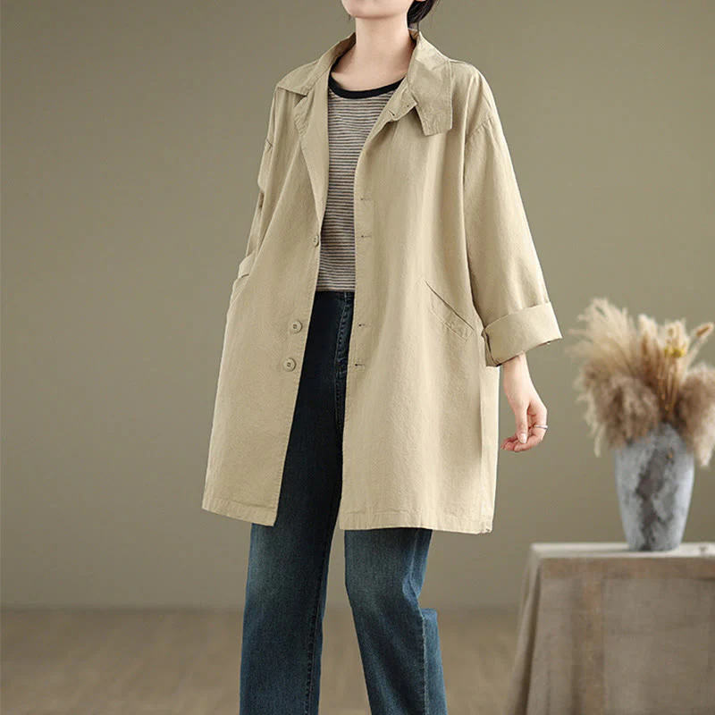Buddha Stones Spring Plain Buttons Design Long Sleeve Women's Cotton Linen Jacket With Pockets