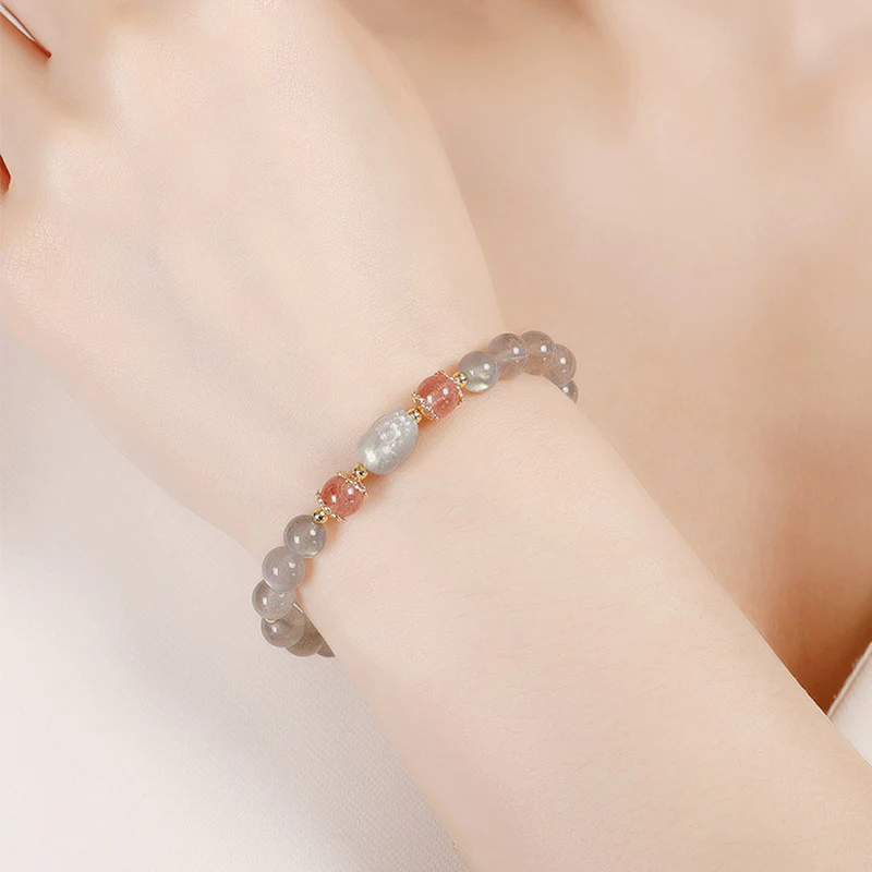 Buddha Stones Aquamarine Strawberry Quartz Amethyst Moonstone PiXiu Healing Bracelet