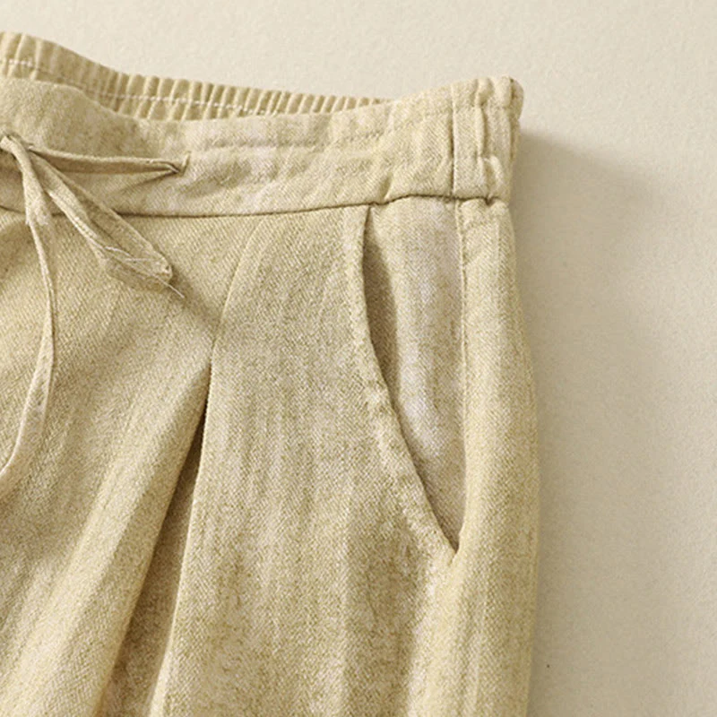 Buddha Stones Summer Plain Drawstring Zipper Design Women's Wide Leg Cotton Pants With Pockets