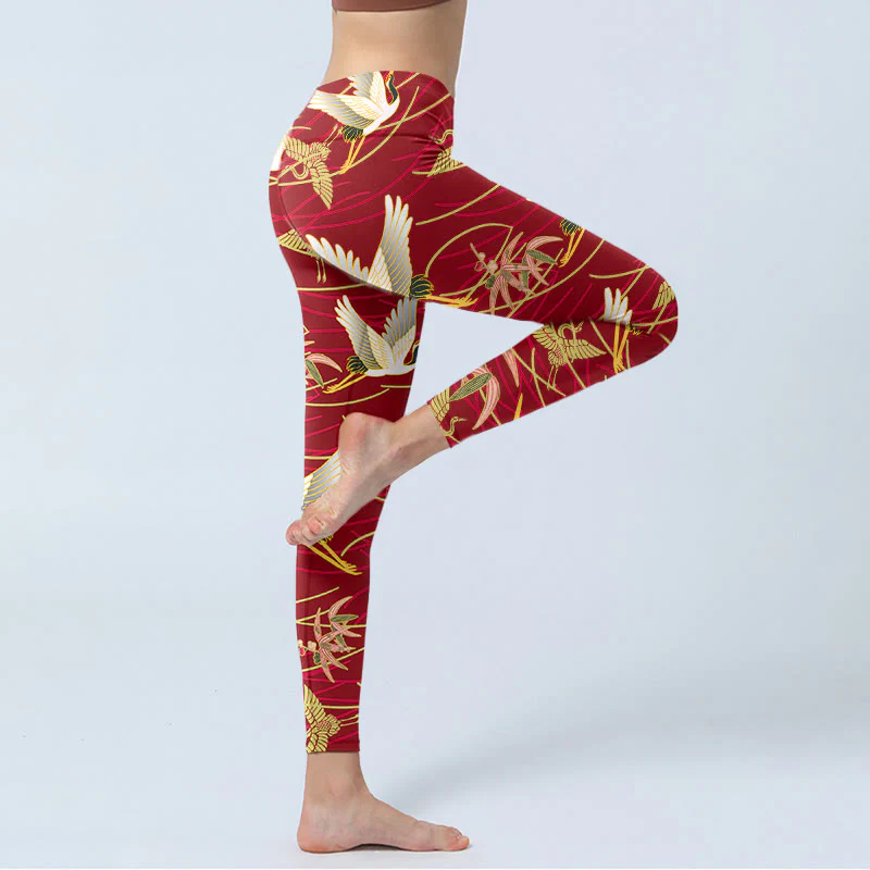Buddha Stones Flying Cranes Slender Branches Print Gym Leggings Women's Yoga Pants