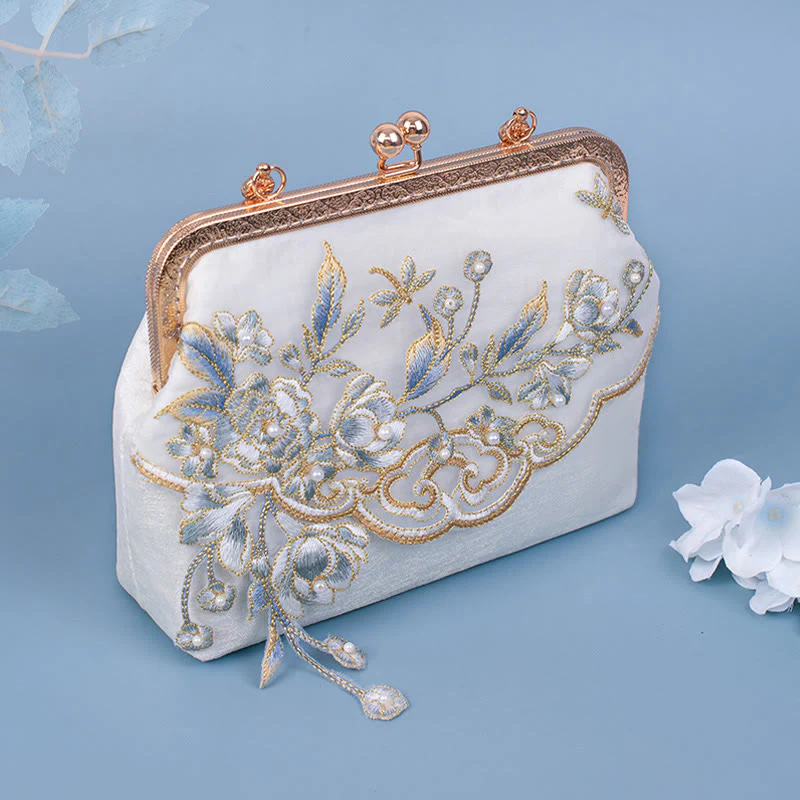 Buddha Stones Jasmine Flowers Embroidery Pearl Chain Crossbody Bag Handbags