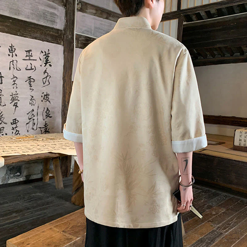 Buddha Stones Jacquard Bamboo Plum Bossom Pattern Chinese Frog-Button Design Men's Half Sleeve Cotton Shirt With Pockets