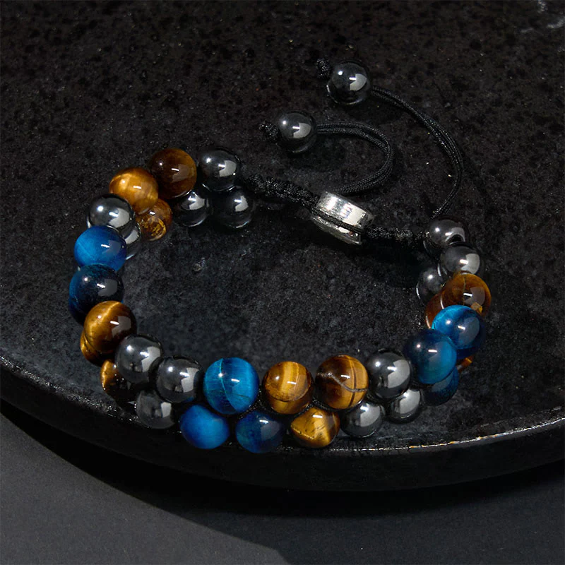 Buddha Stones Natural Blue Tiger Eye Black Magnetite Om Pattern Double Row Beads Strength Bracelet