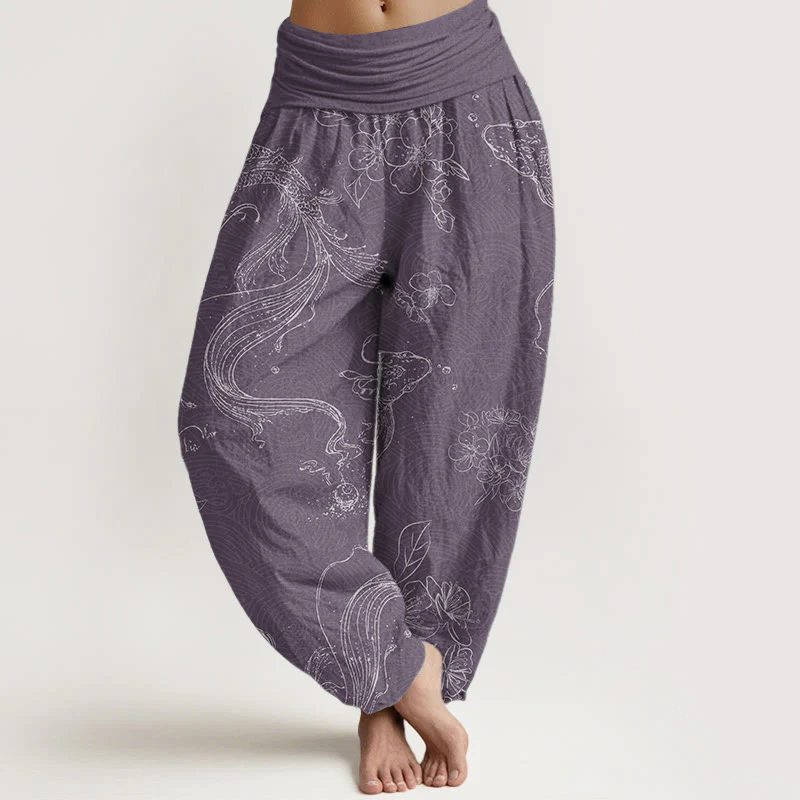 Buddha Stones Pure Cotton Koi Fish Floral Pattern Women's Elastic Waist Harem Pants