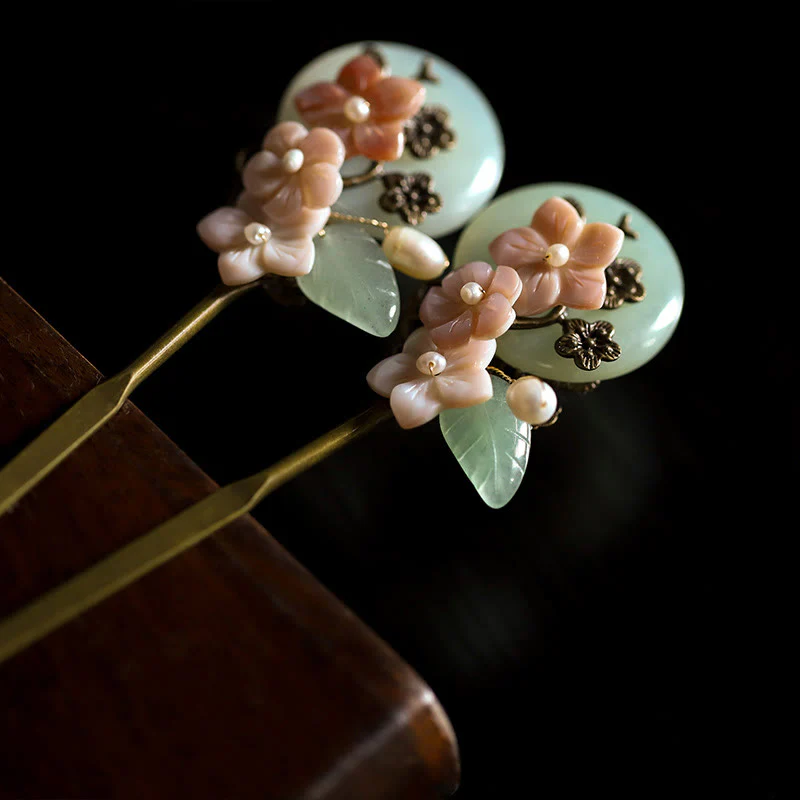 Buddha Stones Copper Jade Shell Flower Leaves Luck Hairpin