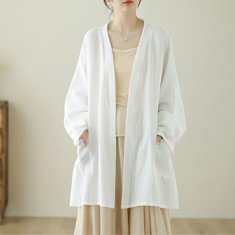 Buddha Stones Plain Long Sleeve Zen Meditation Cotton Linen Jacket With Pockets