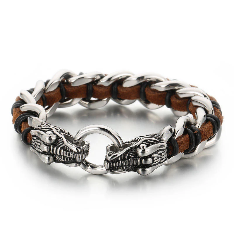 Buddha Stones Dragon Leather Titanium Steel Protection Luck Braided Bracelet