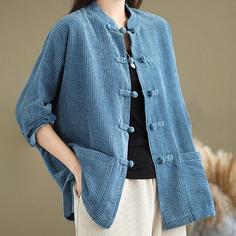Buddha Stones Frog-button Stand Collar Women's Cotton Linen Corduroy Jacket